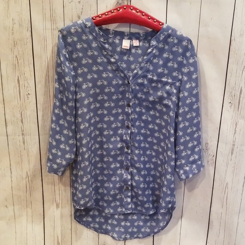 BONGO Brand L Blue/White "Bicycle" Chiffon Blouse!